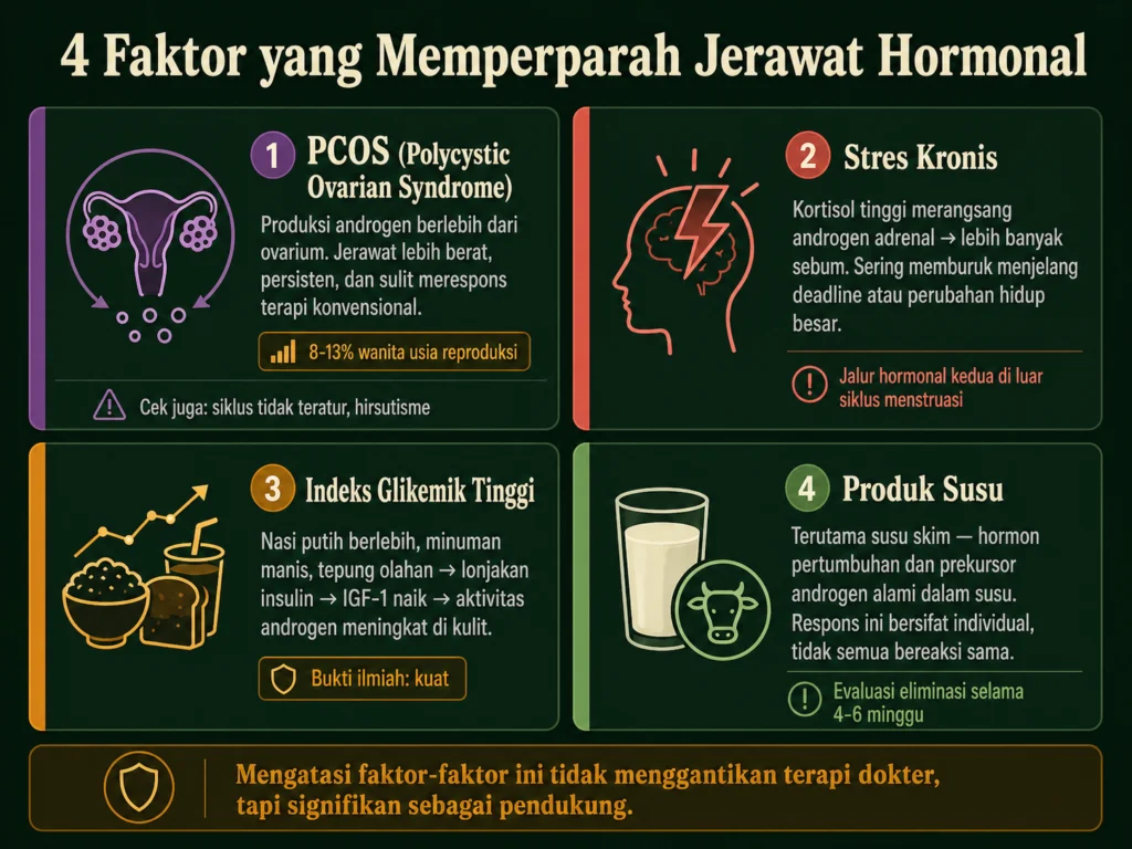 faktor penyebab jerawat hormonal PCOS stres kortisol diet indeks glikemik tinggi