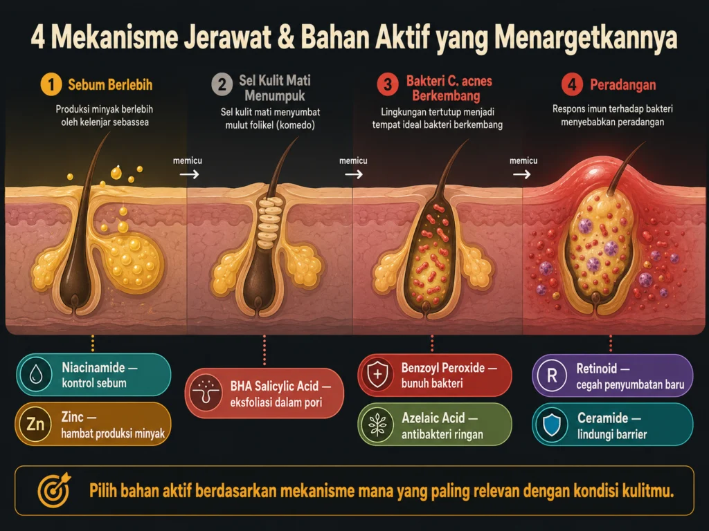 4 mekanisme pembentukan jerawat sebum sel kulit mati bakteri peradangan bahan aktif yang menargetkan