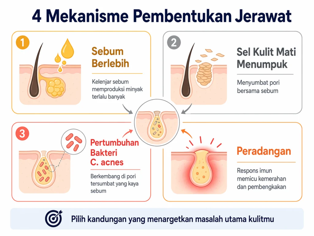4 mekanisme pembentukan jerawat sebum sel kulit mati bakteri peradangan skincare