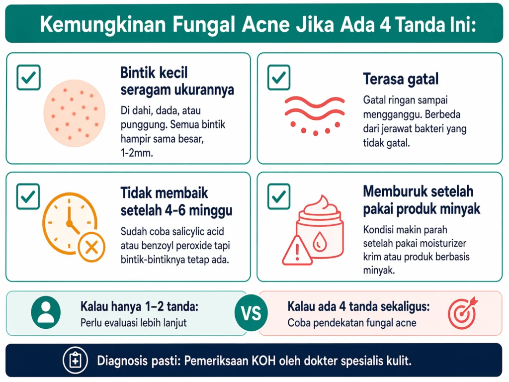 ciri-ciri fungal acne self diagnosis 4 tanda checklist bintik seragam gatal tidak respons skincare