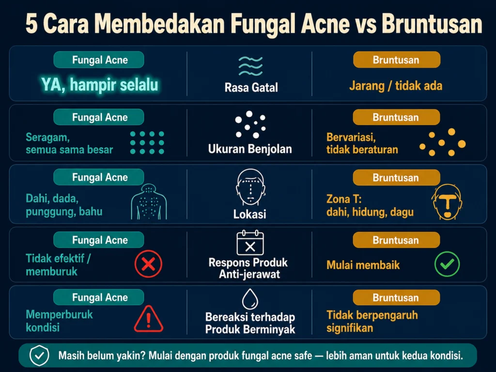 5 cara membedakan fungal acne dan bruntusan gatal ukuran lokasi respons produk