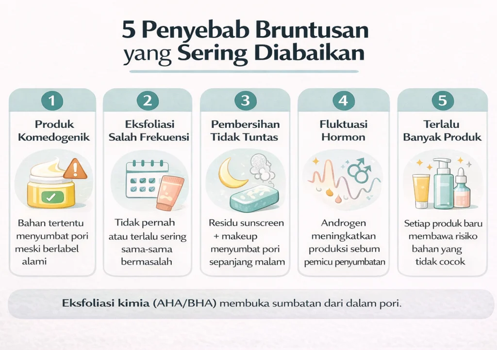 penyebab bruntusan yang sering diabaikan komedogenik eksfoliasi hormon produk terlalu banyak