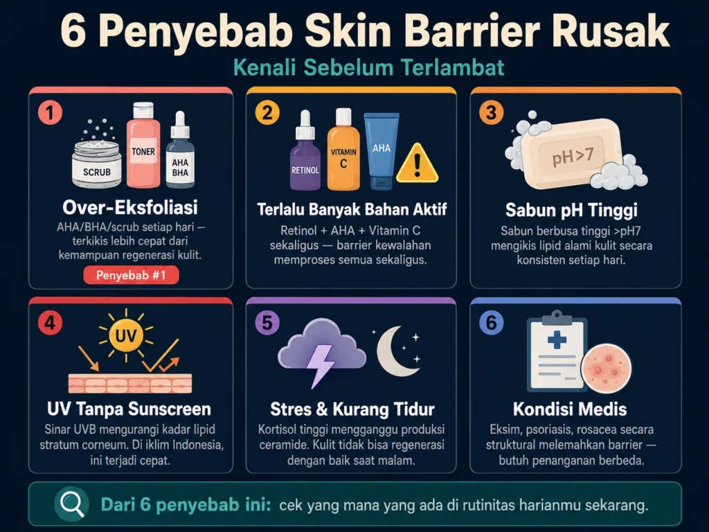 6 penyebab skin barrier rusak over eksfoliasi bahan aktif berlebih sabun keras UV stres