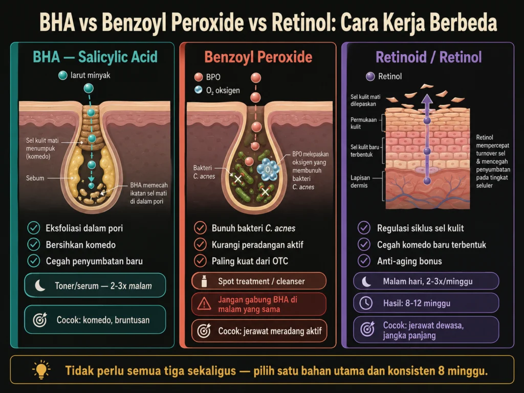 perbedaan cara kerja BHA salicylic acid benzoyl peroxide retinol untuk jerawat kapan digunakan