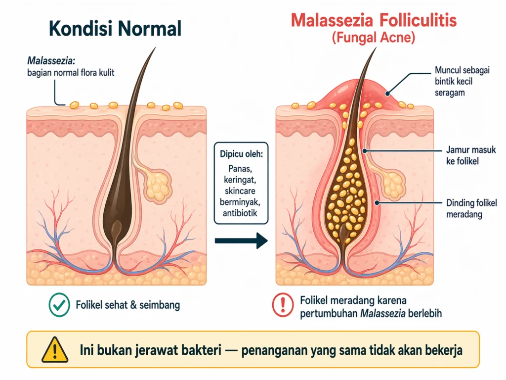 mekanisme fungal acne malassezia folliculitis folikel rambut infeksi jamur ilustrasi