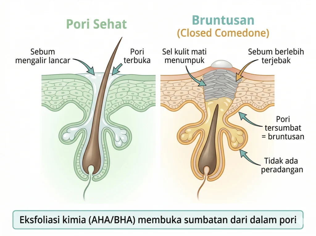 bagaimana bruntusan terbentuk pori tersumbat sebum sel kulit mati closed comedone ilustrasi