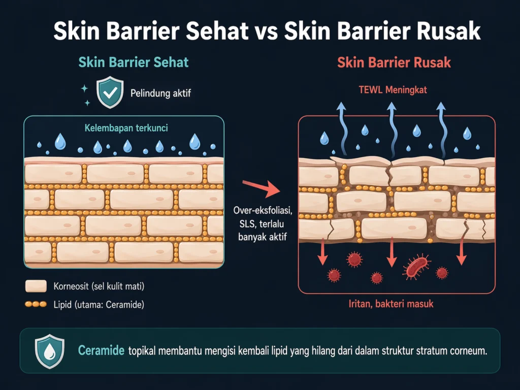 struktur skin barrier sehat vs rusak ceramide TEWL stratum corneum ilustrasi diagram