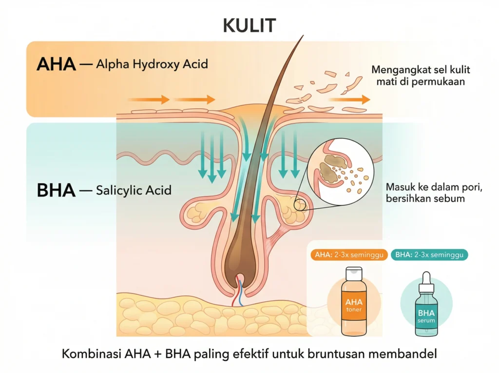 cara kerja AHA BHA untuk bruntusan perbedaan alpha hydroxy acid beta hydroxy acid pori