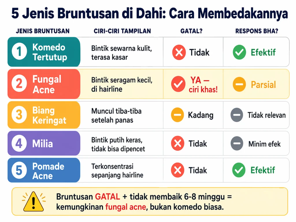 cara membedakan jenis bruntusan di dahi komedo fungal acne biang keringat milia pomade acne