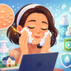 Ilustrasi bergaya flat ala Kurzgesagt yang menampilkan seorang perempuan membersihkan wajah dengan busa pembersih, dengan fokus pada bruntusan kecil di kulitnya, dikelilingi produk skincare seperti botol pump, serum, dan krim, serta elemen air dan perisai yang melambangkan perlindungan dan perawatan kulit.