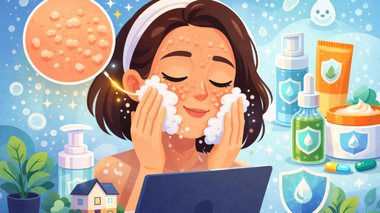 Ilustrasi bergaya flat ala Kurzgesagt yang menampilkan seorang perempuan membersihkan wajah dengan busa pembersih, dengan fokus pada bruntusan kecil di kulitnya, dikelilingi produk skincare seperti botol pump, serum, dan krim, serta elemen air dan perisai yang melambangkan perlindungan dan perawatan kulit.