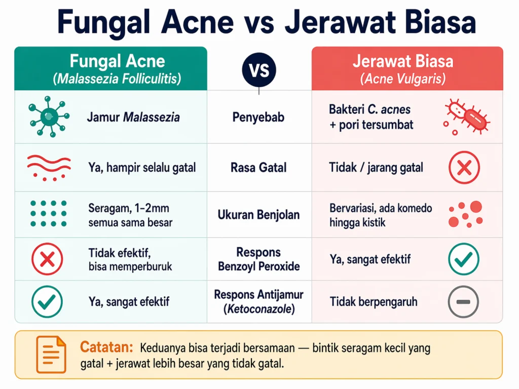 ciri-ciri fungal acne vs jerawat biasa perbedaan gejala gatal ukuran lokasi