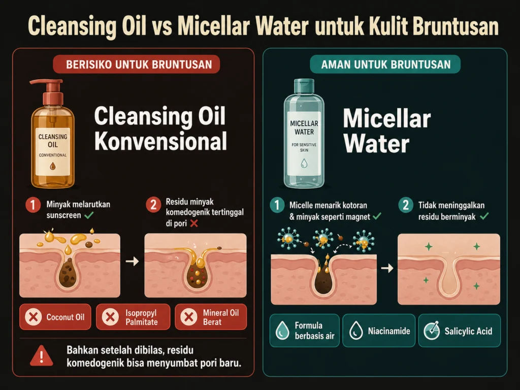 cleansing oil komedogenik vs micellar water untuk bruntusan pori tersumbat residu minyak