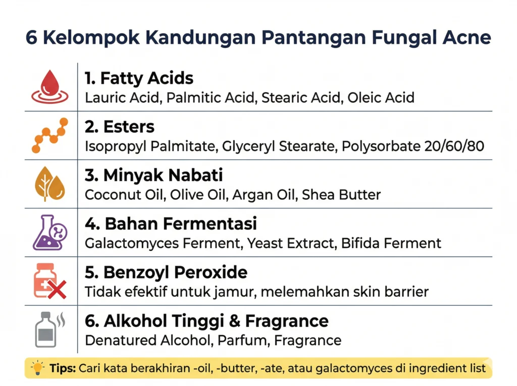 daftar 6 kelompok kandungan pantangan fungal acne fatty acid ester minyak nabati fermentasi