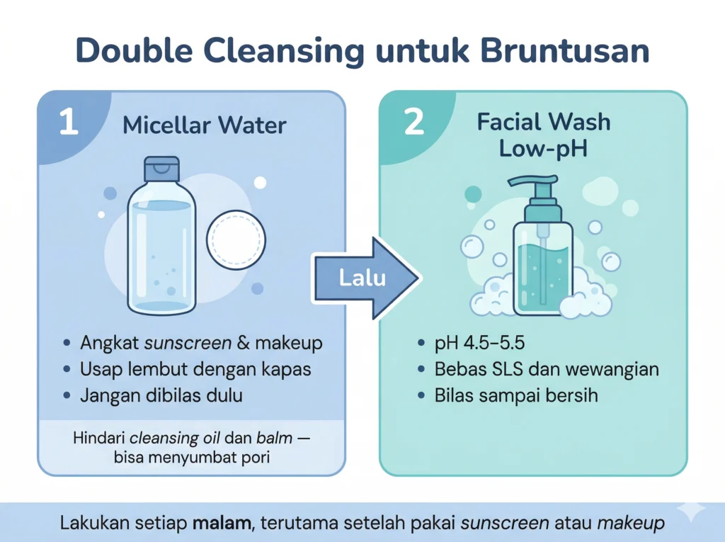 double cleansing untuk bruntusan urutan micellar water facial wash malam hari