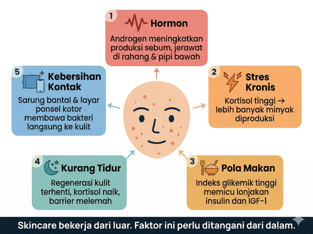 faktor penyebab jerawat di luar skincare hormon stres diet tidur kebersihan