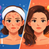 Ilustrasi bergaya flat ala Kurzgesagt yang menampilkan dua wajah perempuan berdampingan: sisi kiri dengan jerawat merah meradang (fungal acne) berlatar biru dengan elemen mikroorganisme dan obat, serta sisi kanan dengan bruntusan kecil berwarna kulit berlatar oranye dengan elemen minyak dan produk skincare.