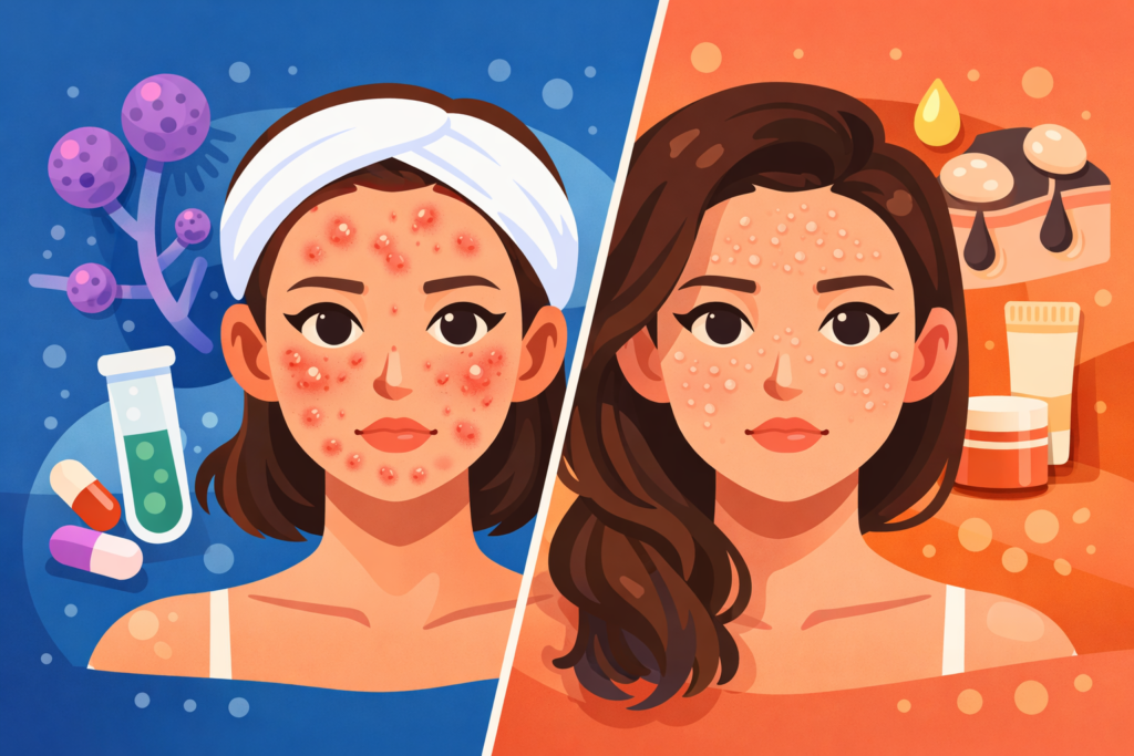 Ilustrasi bergaya flat ala Kurzgesagt yang menampilkan dua wajah perempuan berdampingan: sisi kiri dengan jerawat merah meradang (fungal acne) berlatar biru dengan elemen mikroorganisme dan obat, serta sisi kanan dengan bruntusan kecil berwarna kulit berlatar oranye dengan elemen minyak dan produk skincare.