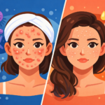 Ilustrasi bergaya flat ala Kurzgesagt yang menampilkan dua wajah perempuan berdampingan: sisi kiri dengan jerawat merah meradang (fungal acne) berlatar biru dengan elemen mikroorganisme dan obat, serta sisi kanan dengan bruntusan kecil berwarna kulit berlatar oranye dengan elemen minyak dan produk skincare.