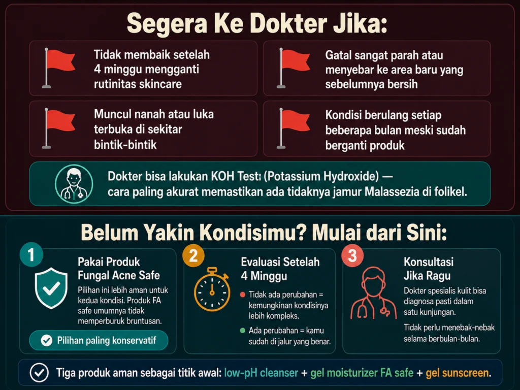 kapan ke dokter kulit fungal acne bruntusan KOH test dan langkah awal yang aman