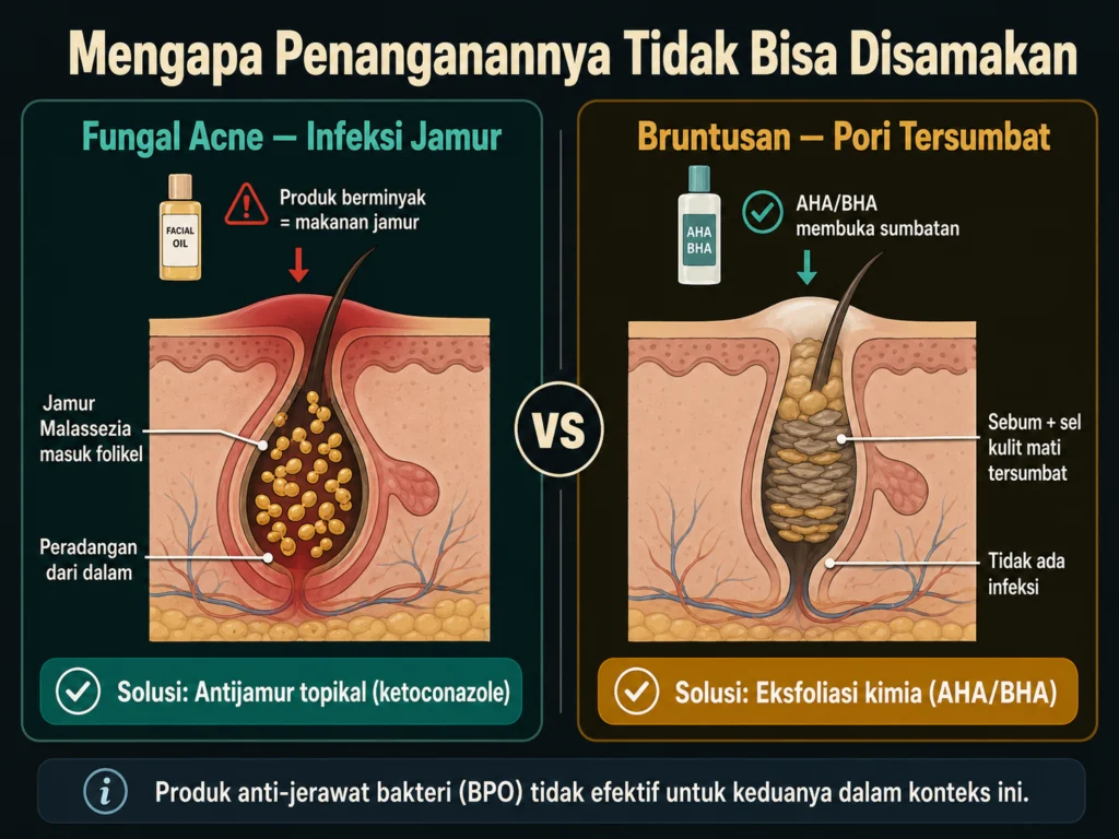 mekanisme fungal acne malassezia folikel vs bruntusan pori tersumbat sebum mengapa berbeda
