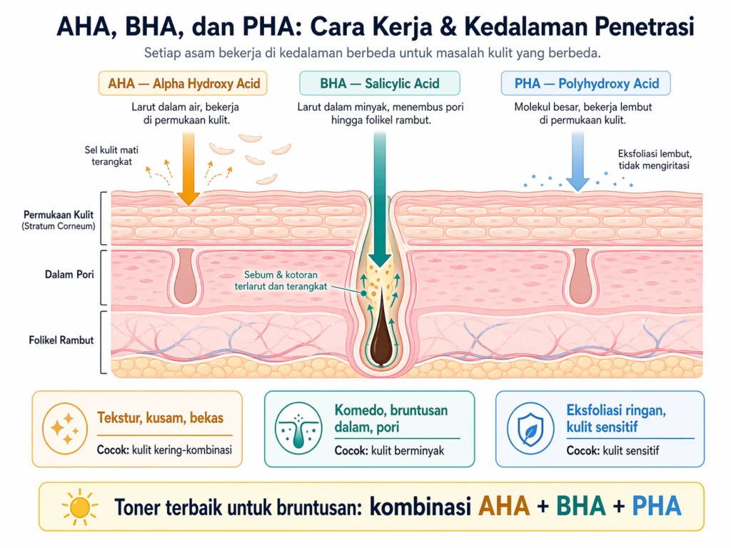 perbedaan AHA BHA PHA cara kerja di kulit untuk bruntusan eksfoliasi toner