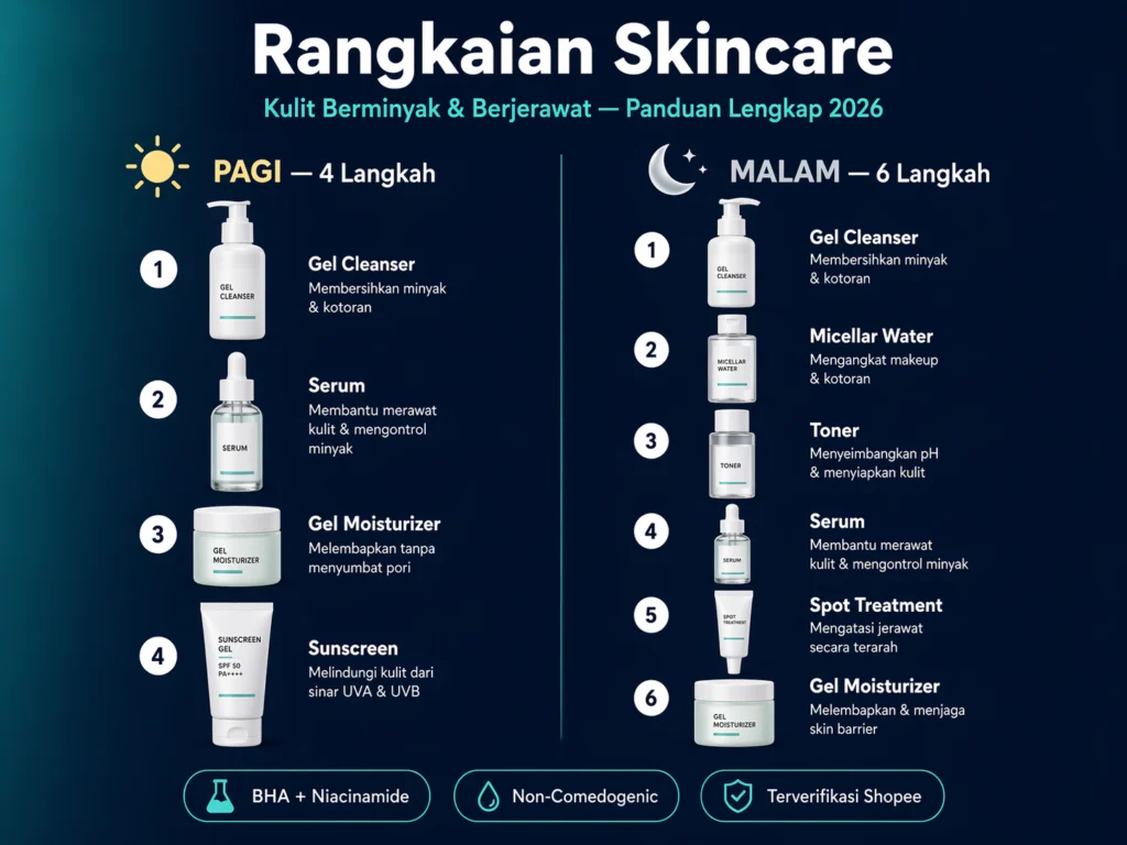 rangkaian skincare untuk kulit berminyak dan berjerawat urutan pagi malam