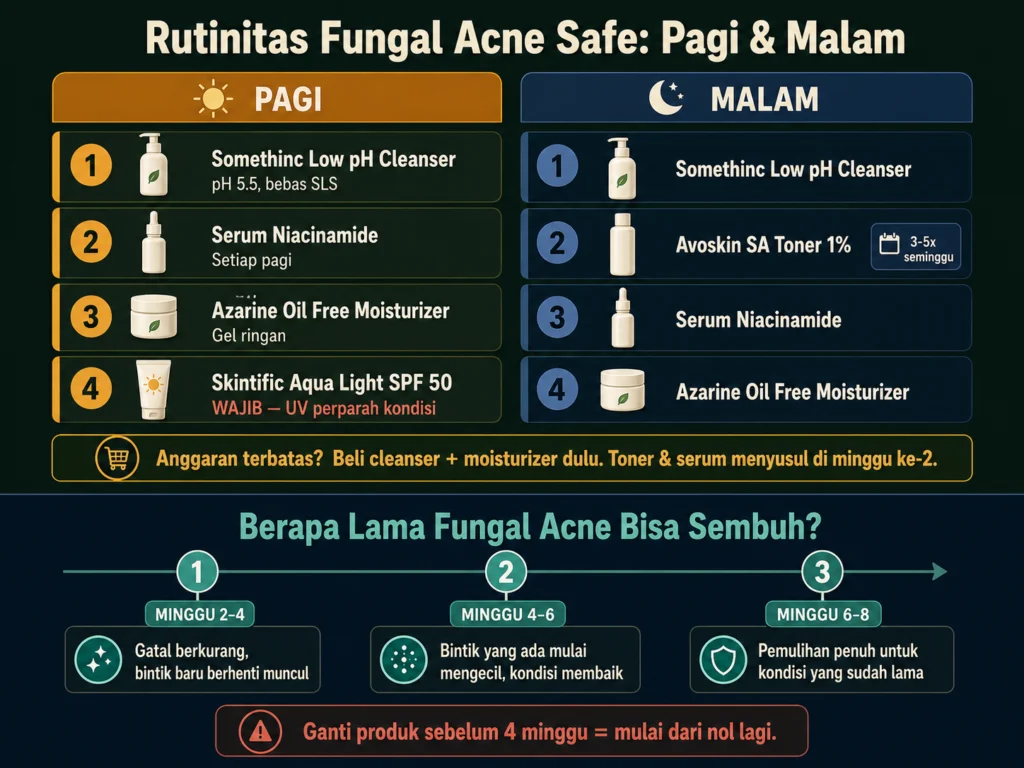 rutinitas skincare pagi malam fungal acne safe dan timeline pemulihan berapa minggu sembuh