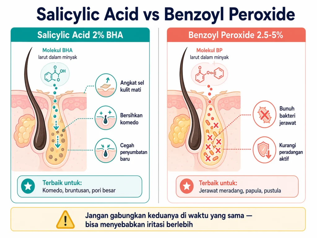 perbedaan salicylic acid vs benzoyl peroxide untuk jerawat kapan digunakan
