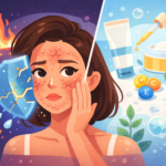 Ilustrasi bergaya flat ala Kurzgesagt yang menampilkan seorang perempuan dengan kulit wajah merah, kering, dan pecah-pecah sebagai tanda skin barrier rusak, disertai perisai retak di sisi kiri dengan elemen panas dan mikroorganisme, serta sisi kanan berlatar biru yang menampilkan produk skincare, vitamin, dan bahan menenangkan sebagai simbol pemulihan kulit.
