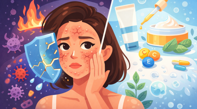 Ilustrasi bergaya flat ala Kurzgesagt yang menampilkan seorang perempuan dengan kulit wajah merah, kering, dan pecah-pecah sebagai tanda skin barrier rusak, disertai perisai retak di sisi kiri dengan elemen panas dan mikroorganisme, serta sisi kanan berlatar biru yang menampilkan produk skincare, vitamin, dan bahan menenangkan sebagai simbol pemulihan kulit.