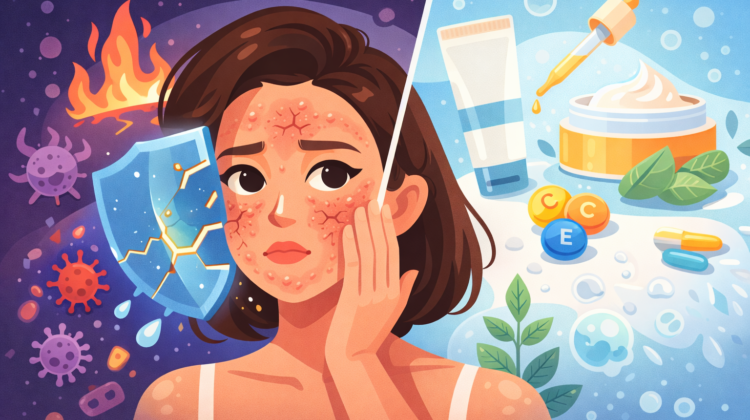 Ilustrasi bergaya flat ala Kurzgesagt yang menampilkan seorang perempuan dengan kulit wajah merah, kering, dan pecah-pecah sebagai tanda skin barrier rusak, disertai perisai retak di sisi kiri dengan elemen panas dan mikroorganisme, serta sisi kanan berlatar biru yang menampilkan produk skincare, vitamin, dan bahan menenangkan sebagai simbol pemulihan kulit.