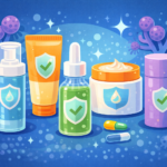 Ilustrasi bergaya flat ala Kurzgesagt yang menampilkan lima produk skincare berbeda (botol pump, tube, botol dropper, jar krim, dan botol silinder) dengan ikon perisai sebagai simbol aman untuk fungal acne, berlatar biru dengan elemen mikroorganisme dan partikel yang menggambarkan perlindungan kulit.