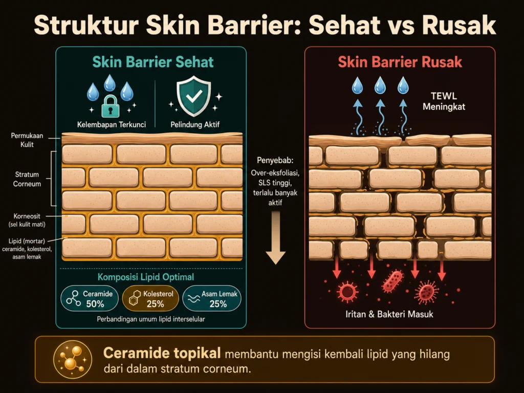 struktur skin barrier stratum corneum ceramide sel kulit ilustrasi sehat vs rusak