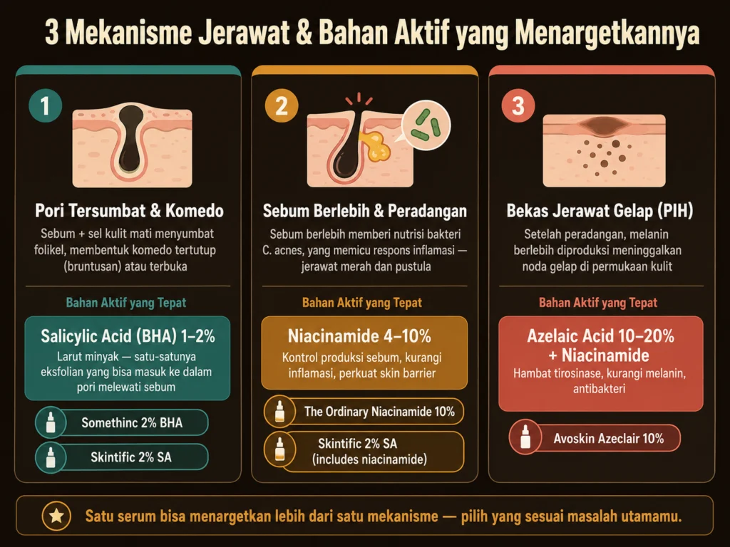 3 mekanisme jerawat bahan aktif serum BHA niacinamide azelaic acid yang paling efektif