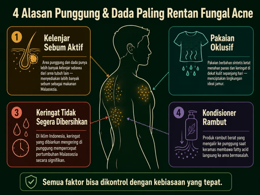 penyebab fungal acne di punggung dan dada kelenjar sebum pakaian ketat keringat kondisioner rambut