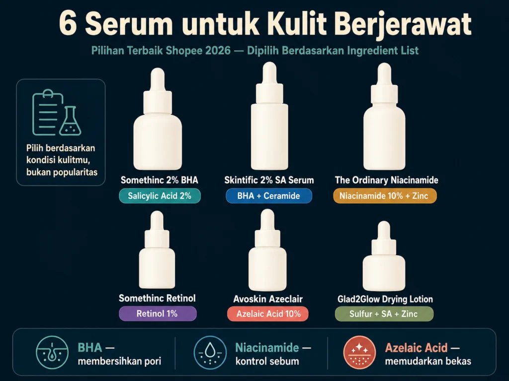 serum untuk kulit berjerawat terbaik Shopee 2026 BHA niacinamide azelaic acid retinol