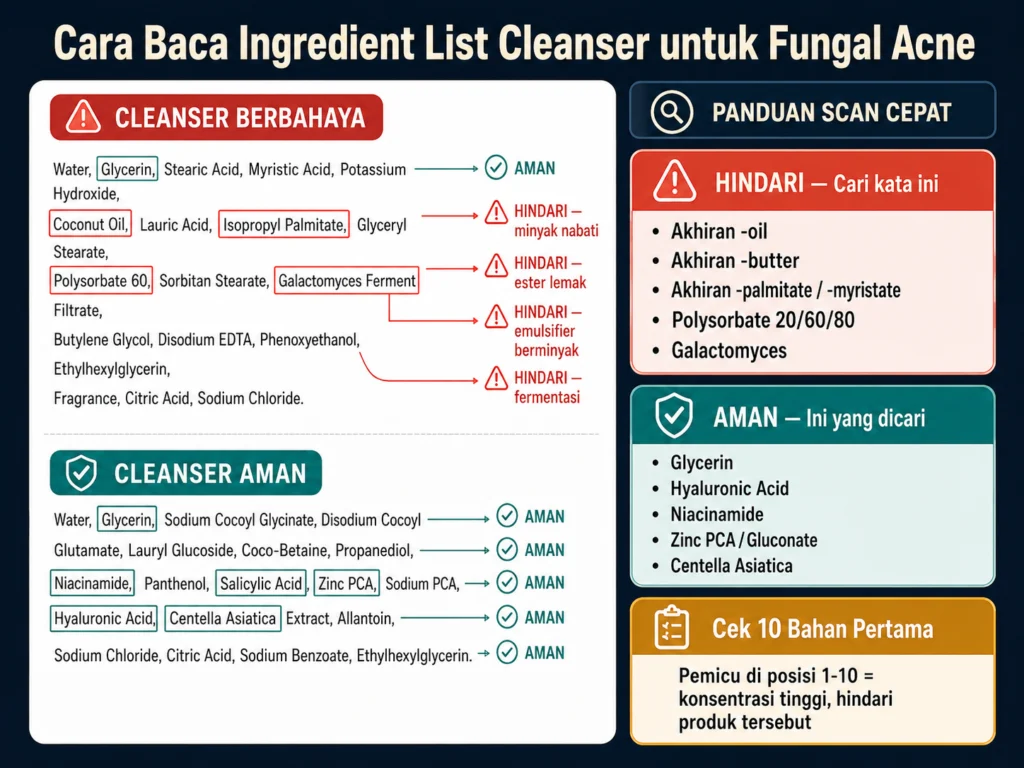 cara baca ingredient list cleanser untuk fungal acne bahan aman vs pemicu malassezia