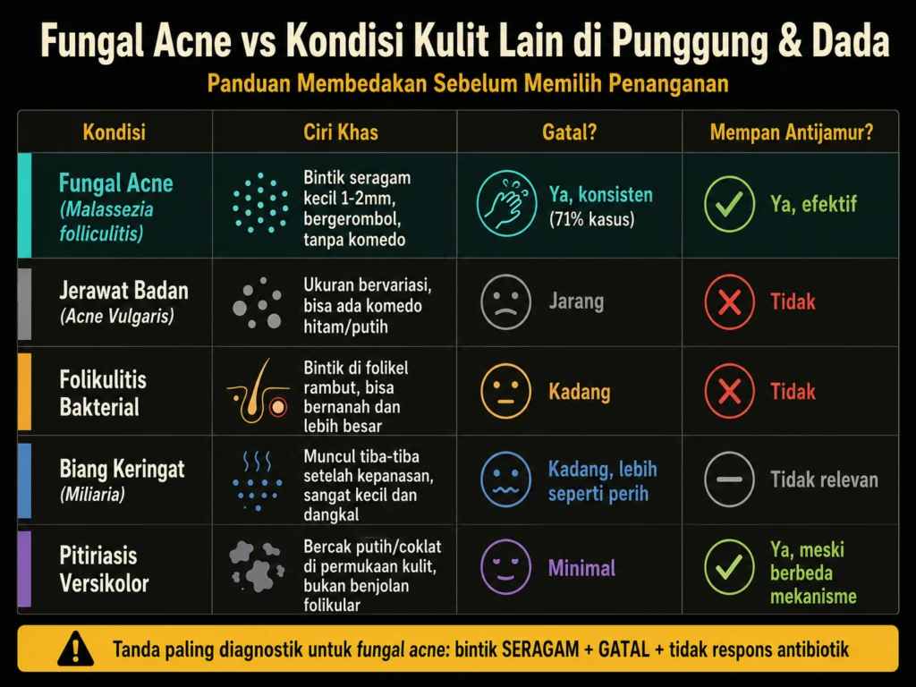 perbedaan fungal acne jerawat badan folikulitis biang keringat pitiriasis versikolor panduan diagnosis