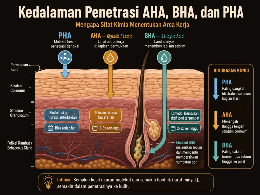 perbedaan kedalaman penetrasi AHA BHA PHA di lapisan kulit stratum corneum folikel