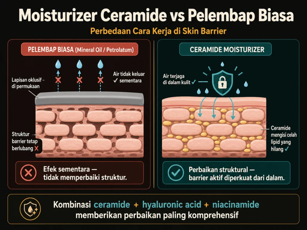 perbedaan moisturizer ceramide vs pelembap biasa cara kerja skin barrier oklusif vs mengisi lipid