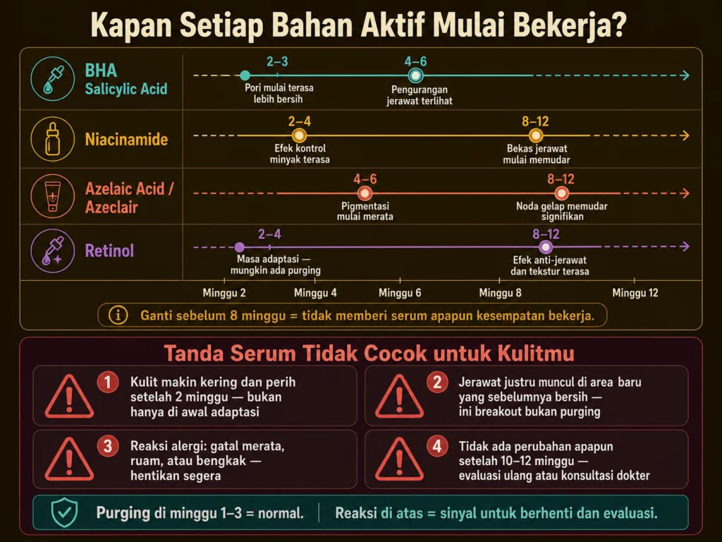 timeline hasil serum jerawat BHA niacinamide retinol azelaic acid berapa minggu dan tanda tidak cocok
