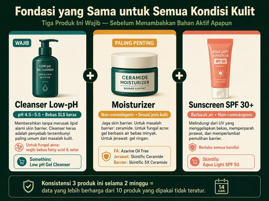 3 produk fondasi skincare untuk semua masalah kulit cleanser low ph moisturizer ceramide sunscreen