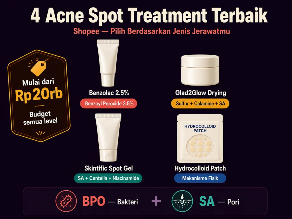  acne spot treatment terbaik di Shopee 2026 benzoyl peroxide salicylic acid sulfur hydrocolloid