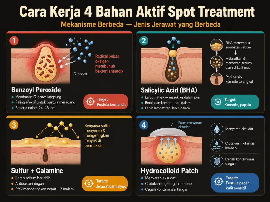 cara kerja benzoyl peroxide salicylic acid sulfur hydrocolloid patch spot treatment jerawat mekanisme