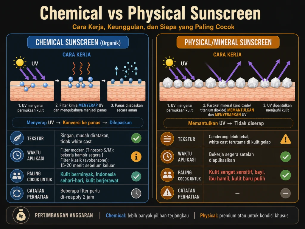 perbedaan chemical vs physical sunscreen cara kerja keunggulan kelemahan kulit Indonesia