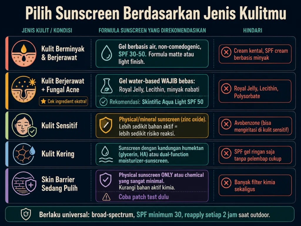panduan memilih sunscreen berdasarkan jenis kulit berminyak berjerawat sensitif fungal acne Indonesia