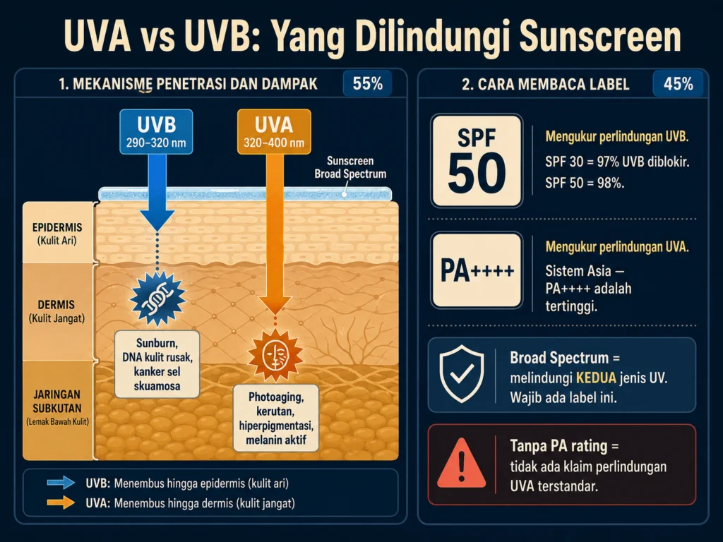 perbedaan UVA UVB kedalaman penetrasi kulit cara membaca SPF PA sunscreen label