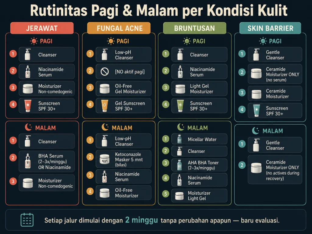 rutinitas skincare pagi malam untuk jerawat fungal acne bruntusan skin barrier 4 kondisi berbeda