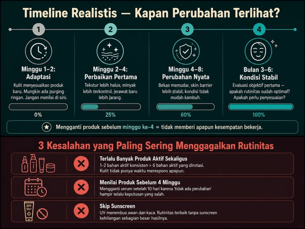 timeline realistis rutinitas skincare berapa minggu dan kesalahan paling sering menggagalkan